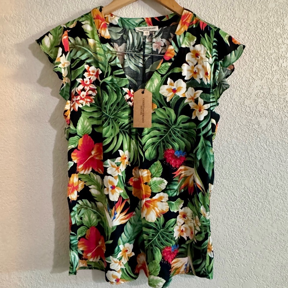 Christian Siriano tropical pullover top flutter sleeve orange,green black,beach